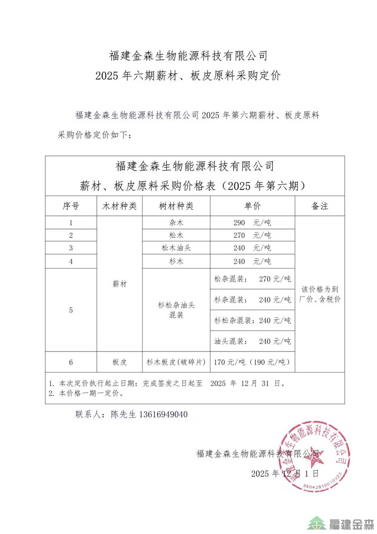 福建金森生物能源科技有限公司 2025年六期薪材、板皮原料采購定價